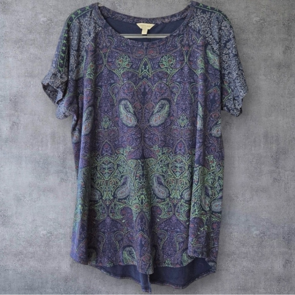 Lucky Brand Paisley Blouse Size Peacock Colors Cotton Modal Bohemian Tee Hippie